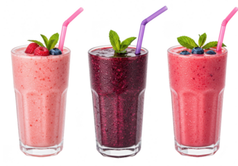 Three colorful fruit smoothies isolated on transparent background