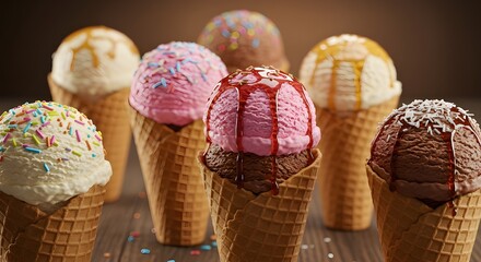 Colorful ice cream scoops in waffle cones closeup