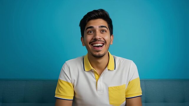 A smiling man pointing up with a pointing pose