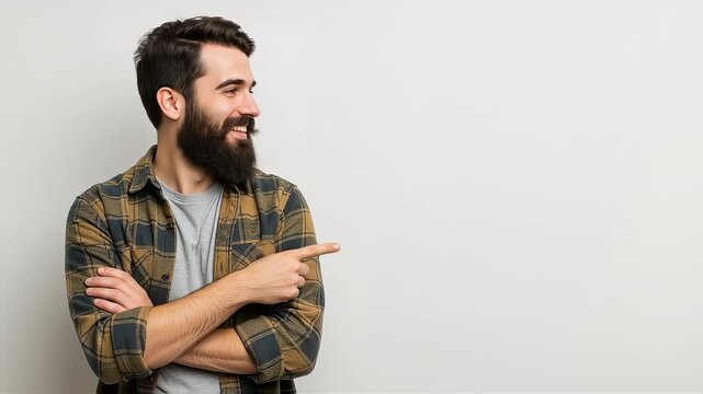 Smiling bearded man wearing a brown checked shirt pointing to the side