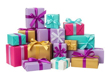 Stack of colorful gift boxes with ribbons and bows isolated on transparent background