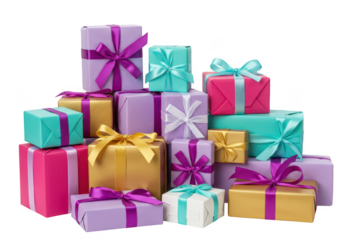 Stack of colorful gift boxes with ribbons and bows isolated on transparent background