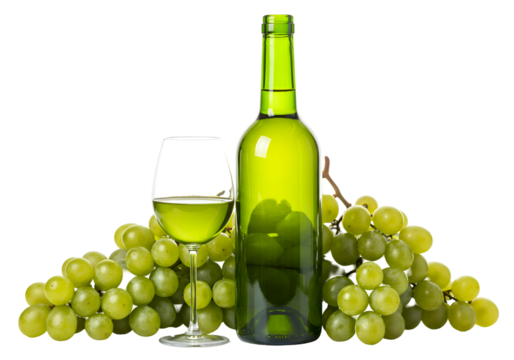 Crisp White Wine: Grapes, Bottle, and Glass Isolated on Transparent Background