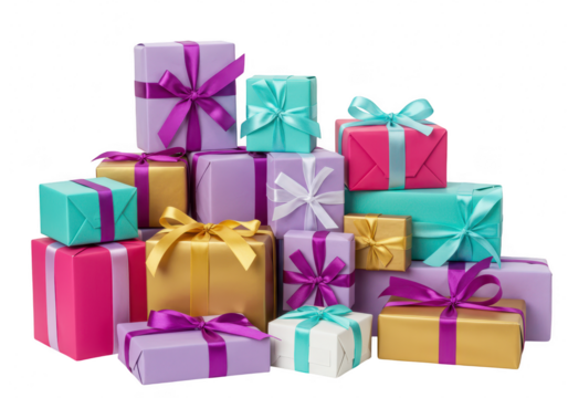 Stack of colorful gift boxes with ribbons and bows isolated on transparent background