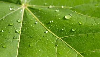 Close-up of Green Leaf with Water Droplets on Surface