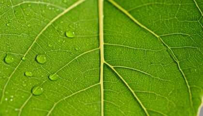 Fototapeta premium Close-up of Green Leaf with Water Droplets Showing Veins and Texture