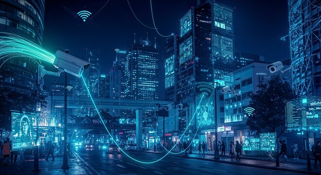 Futuristic Cityscape: Surveillance, Data Streams, and Connected Technology at Night.