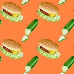 Seamless pattern made with watercolors of hamburgers and cucumbers on an orange background. For coloring wrapping paper, wallpaper, fabric and much more.
