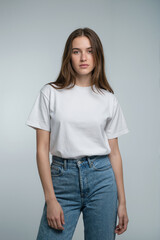 A professional studio portrait against a light gray gradient background. The subject is wearing a plain white crew neck t-shirt and high-waisted light blue denim jeans.
