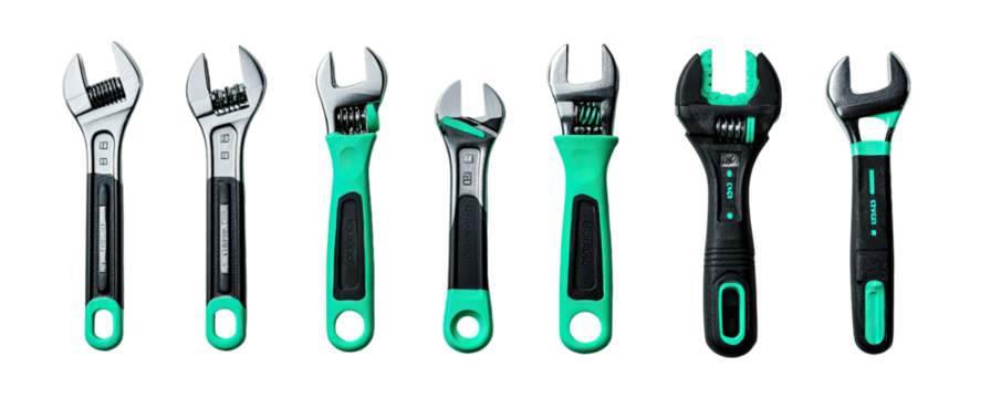 Set of adjustable wrenches with teal handles