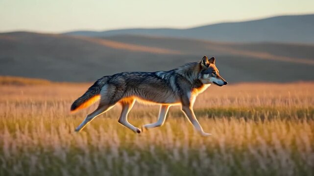 Wild wolf walking through grassland at sunset