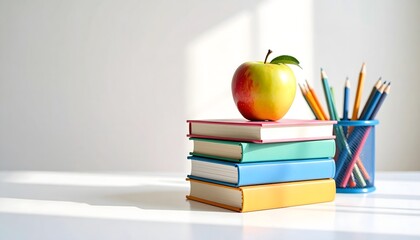 Colorful School Supplies with Green Apple on Stack of Books and Pencil Holder in Bright Classroom