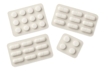 Medical blister packaging with assorted white round and oval prescription pills, showcasing pharmaceutical health treatment against transparent backdrop