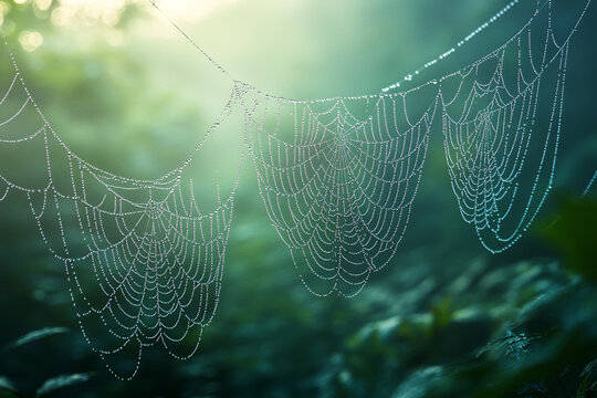 Enchanting Foggy Woodland with Glistening Dew and Spider Webs - Powered by Adobe