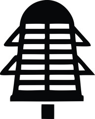 Silhouette of a stylized tree with layered branches and a rounded top resembling a lantern or bell shape.