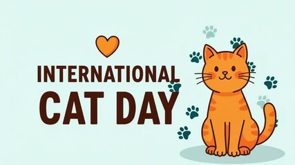 International cat day celebration with a cute orange cat and paw prints