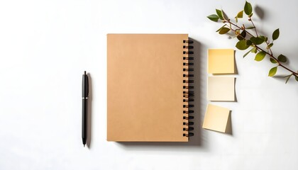 Minimalist Notebook with Pen and Sticky Notes on White Surface