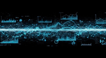 Futuristic Data Visualization: Glowing Blue Lines and Charts on Black Background