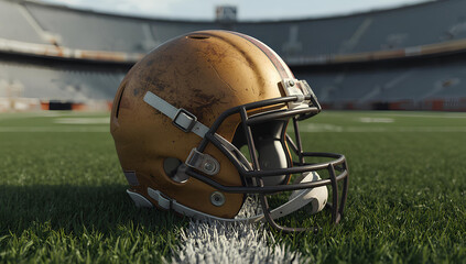 Closeup of a worn American football helmet placed on the field's sideline