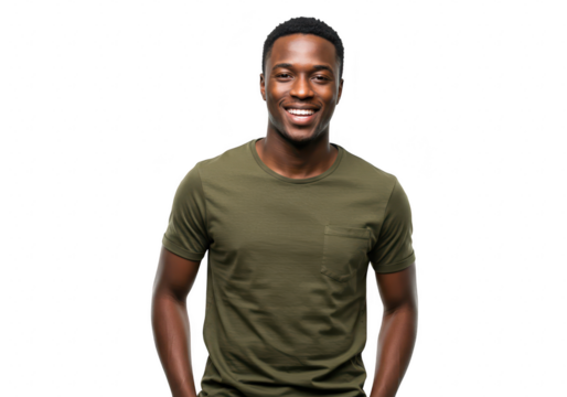 Young african man smiling and looking at the camera, isolated on transparent background