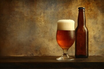 Glass of craft beer with bottle-Rustic still life featuring a frothy glass of amber craft beer beside a brown bottle against a textured vintage background.