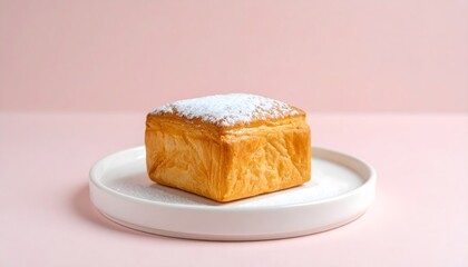 Golden Brown Pastry with Powdered Sugar on White Plate in Soft Pink Background