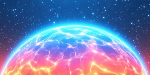 Glowing colorful abstract celestial planet galaxy. Celestial sphere with glowing energy and vibrant colors. Cosmic space, digital fantasy background, modern astronomy illustration.