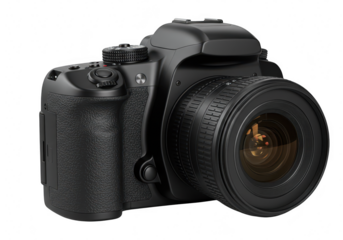 Black dslr camera with lens isolated on transparent background