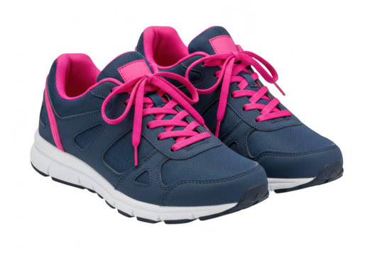 Pair of blue and pink athletic sneakers isolated on transparent background