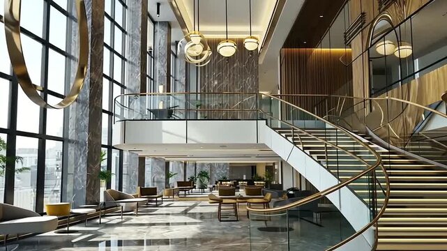 Modern lobby with staircase, large windows, seating area, and elegant lights