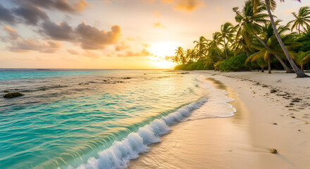 Tropical Beach Serenity: Azure Waters and Golden Sunset Illuminate a Pristine Coastal Paradise Framed by Lush Palm Trees Offering a Tranquil Escape
