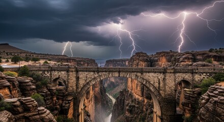 Stormy Landscape: Ancient Bridge, Canyon, and Lightning