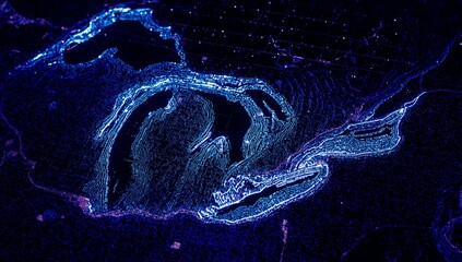 Great Lakes glowing blue at night aerial view with light pollution