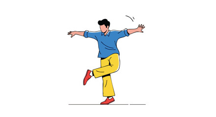Joyful cartoon man strikes a dynamic pose, exuding a sense of lighthearted fun and freedom, illustrated in a modern and minimalist style