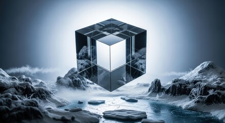 Crystalline Cube in a Frozen Landscape: A Surreal Winter Scene