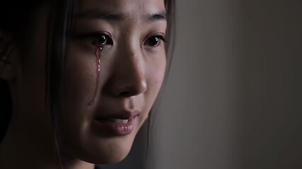 A close-up portrait of a young East Asian woman with tears streaming down her face, conveying deep sadness and emotional distress in a dimly lit setting.