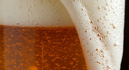 Close-up of frothy amber beer with tiny bubbles, a refreshing beverage