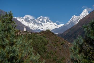 Tenzing Norgay stupa with scenery view of Mt.Everest, Mt.Lhotse and Mt.Ama Dablam seen from the...
