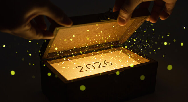 The Illuminated Future Unveiling the Year 2026 Inside a Mystical Box, Symbolizing Hope, Goals, and Potential, Against a Dark Background