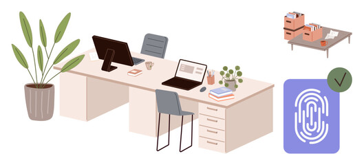 Dual desks with laptops, chairs, paperwork, plants, and a file storage table. A biometric fingerprint access icon signifies secure digital solutions. Ideal for office setup, teamwork, security