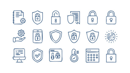 Collection of hand drawn blue security icons featuring locks shields documents computer monitor and financial symbols on a black background