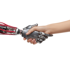 A woman's hand shaking hands with a robotic hand, symbolizing human-robot collaboration
