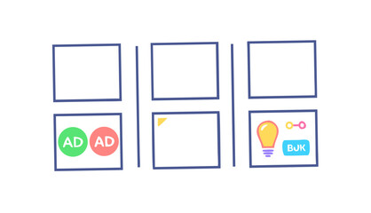 Conceptual illustration of a business strategy with elements representing advertising ideas and a call to action presented in a grid format