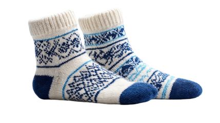 Pair of wool socks with knitted patterns on ultra clean transparent background