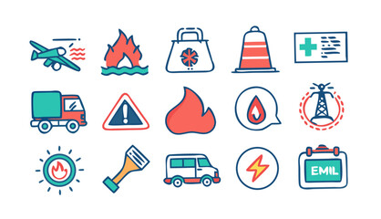 Collection of hand drawn emergency and safety icons representing various hazards and services including transportation fire medical and utilities on a black background
