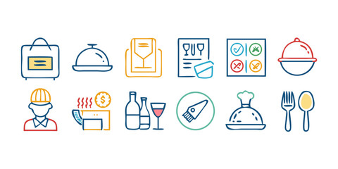 A collection of colorful flat design icons representing various aspects of the food and beverage industry including delivery dining and service