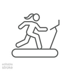 Obraz premium Woman on treadmill icon. Simple outline style. Running, machine, fitness, people, gym, female, person, health concept. Thin line symbol. Vector isolated design editable stroke