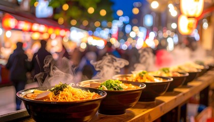 Steam Rising Bowls of Noodle Soup on Street Food Stall at Night