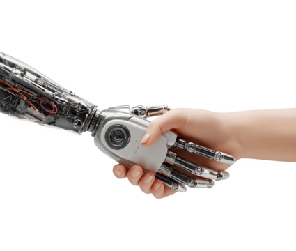 A woman's hand shaking hands with a robotic hand, symbolizing human-robot collaboration