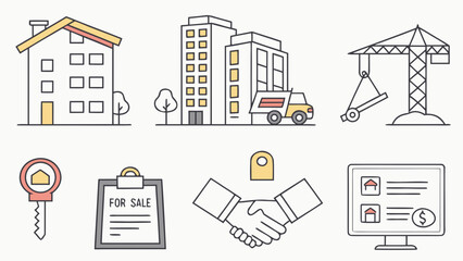 Collection of real estate icons depicting houses buildings construction crane moving truck key for sale sign handshake and computer screen with property listings and dollar sign